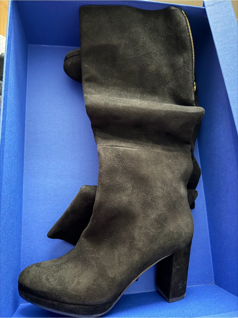 Stuart Weitzman Black Suede Mid-Calf Platform Block Heel Boots
